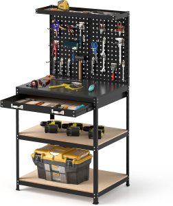 établi GYMAX avec panneau perforé et 2 tiroirs