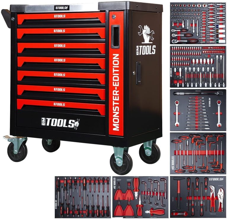 BM TOOLS Servante d'atelier 9/7 Monster-Edition-Red, 7 tiroirs pleins, 1 porte et 1 tiroir vertical, 257 outils, sur roulettes