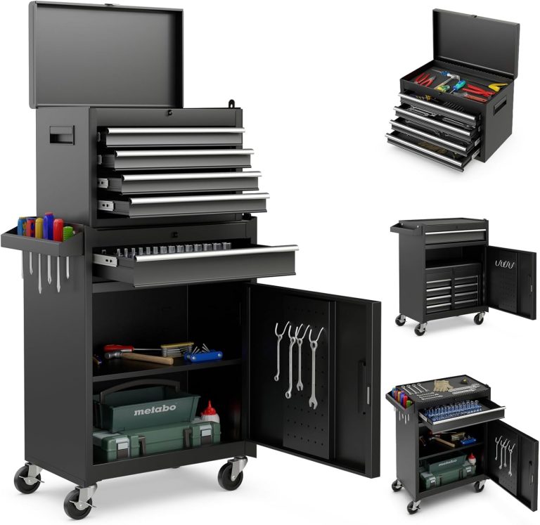 COSTWAY Servante d’Atelier à 4 Tiroirs avec Coffre Outils Amovible (Noir), Caisse à Outils Roulante avec Armoire de Rangement, Étagère Réglable et Doublure Antidérapante pour Garage Atelier