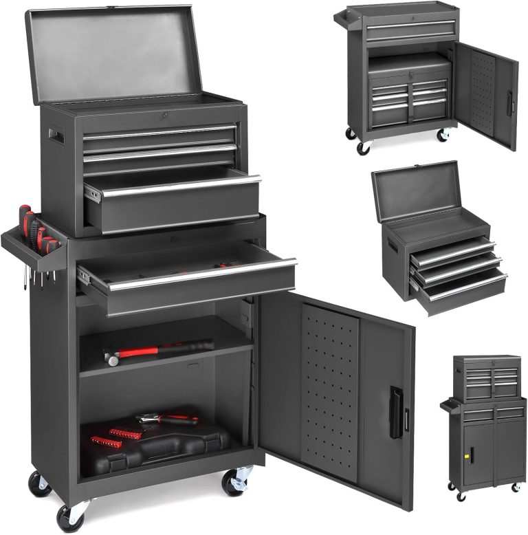 LEADZM Servante d’Atelier Outils avec Coffre Amovible, 6 Tiroirs (Noir), Établi Garage, Armoire à Étagère Réglable et Caisse à Outil Roulante