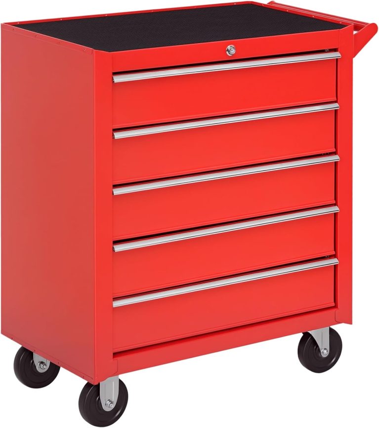 DURHAND Servante d'atelier en Acier, Chariot à Outils sur roulettes, Rouge, 5 Tiroirs, Verrouillable 2 Clés